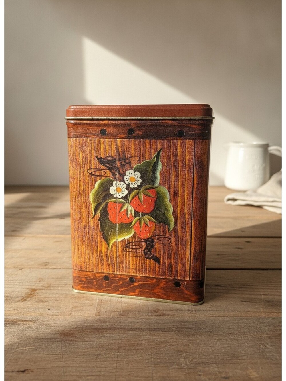 Vintage J.L. Clark Strawberry Faux Wood Grain Metal Tin Canister USA Made